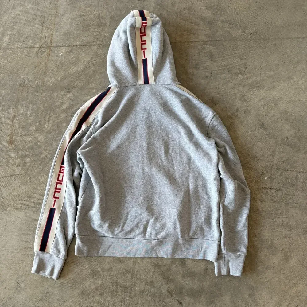 Gucci Mens Grey Cotton Web Stripe Logo Zip Up Hoodie Size Medium
